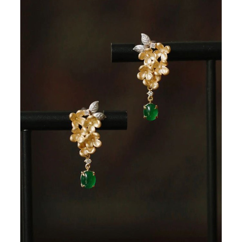 Vintage Green StCopper Zircon Jade Floral Tasselud Earrings