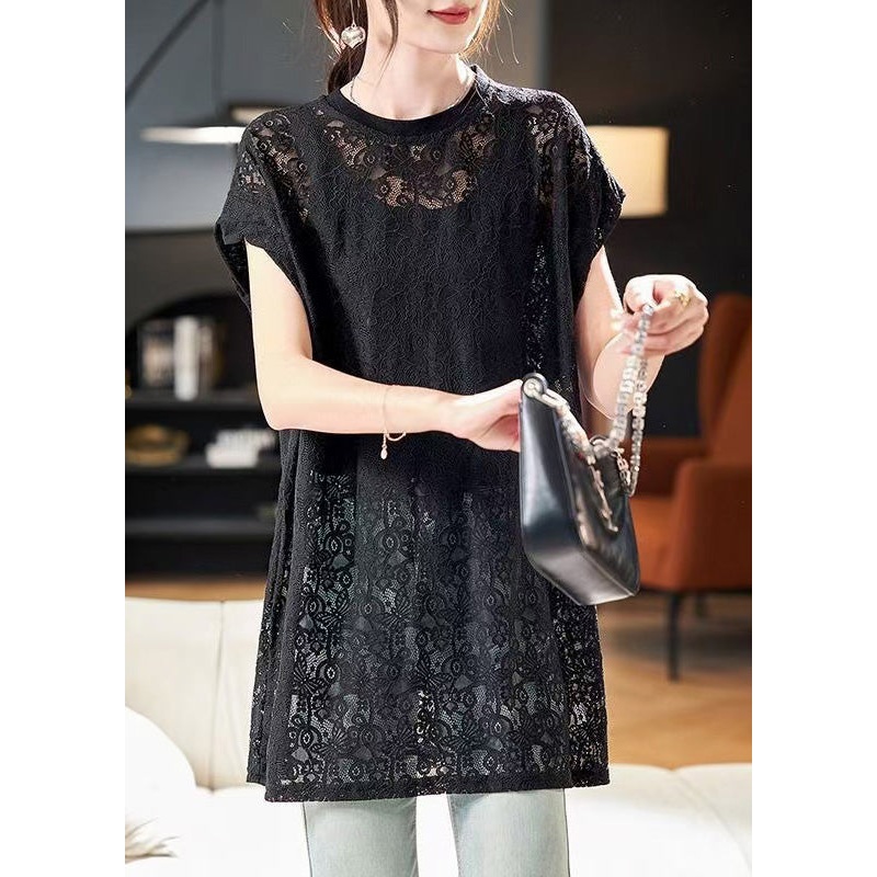 Women Black O Neck Hollow Out Lace Top Summer