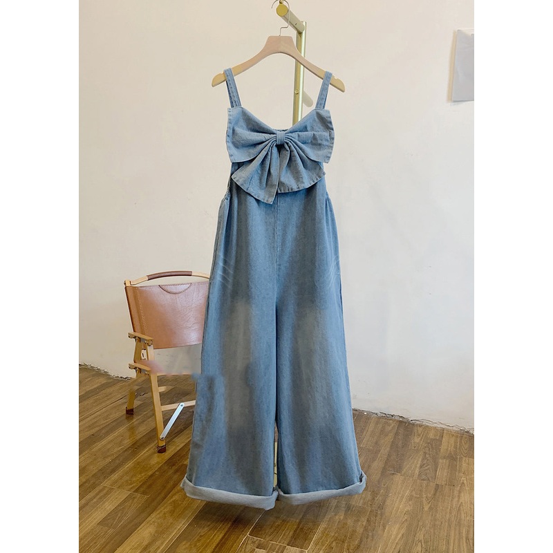Women Blue Patchwork Bow Denim Jumpsuits Summer