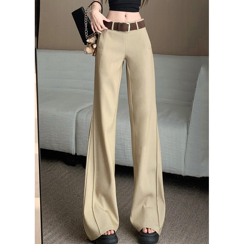 Women Khaki Pockets Patchwork High Waist Wide Leg Pants Spring