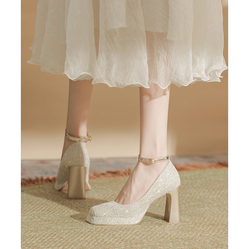 Women Splicing Chunky High Heels Champagne Faux Leather