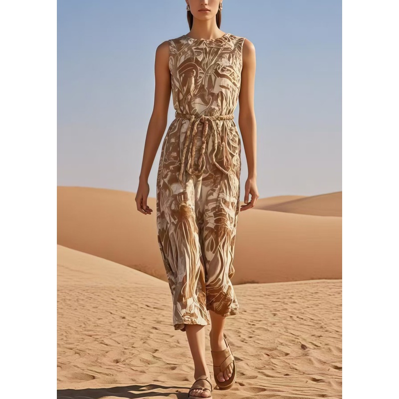 Bohemian Khaki Cinched Print Cotton Jumpsuits Summer