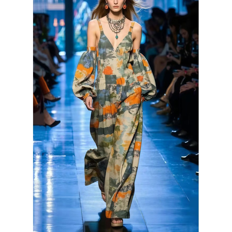 Chic Cold Shoulder Print Cotton Jumpsuit Lantern Sleeve