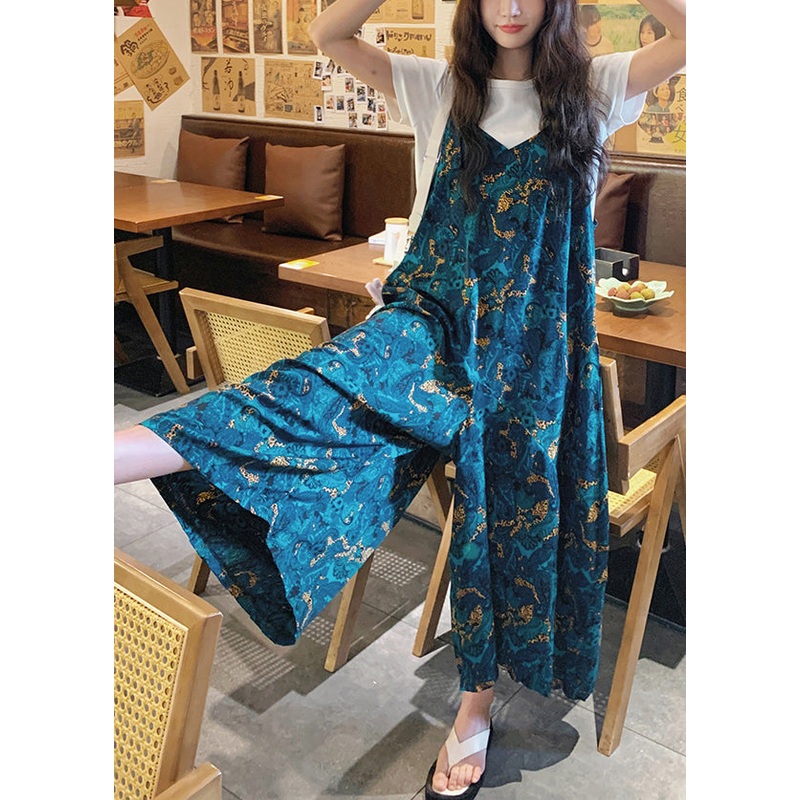Loose Blue Print High Waist Cotton Jumpsuits Pants Summer