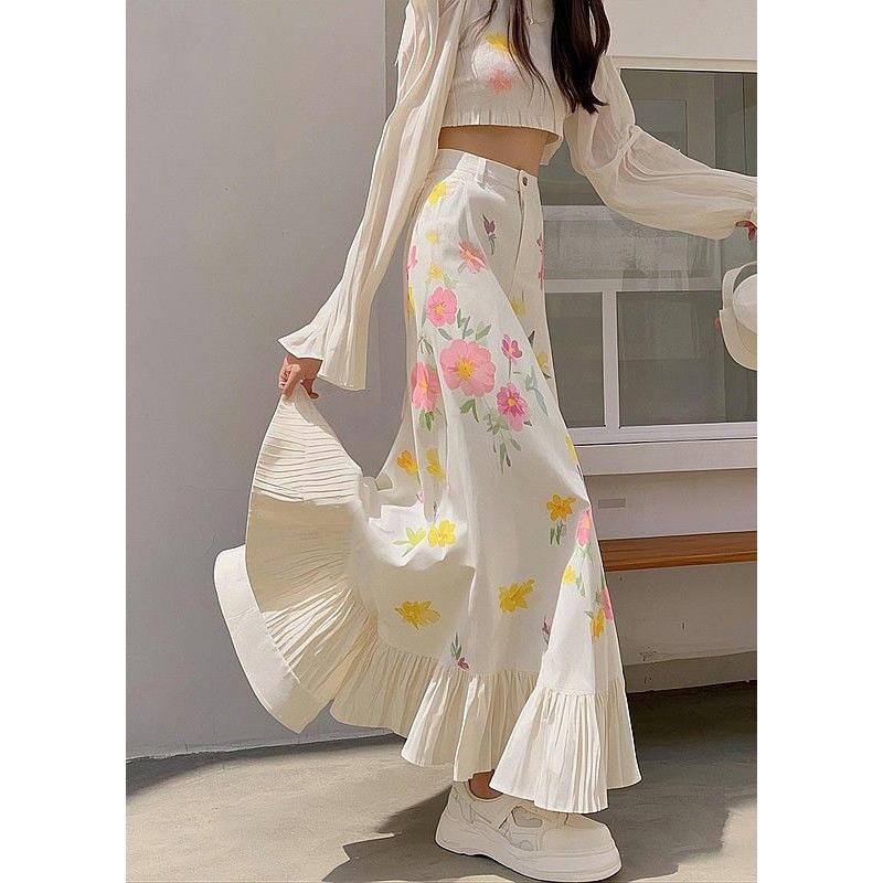 New Pink Print Wrinkled High Waist Cotton Skirts Spring
