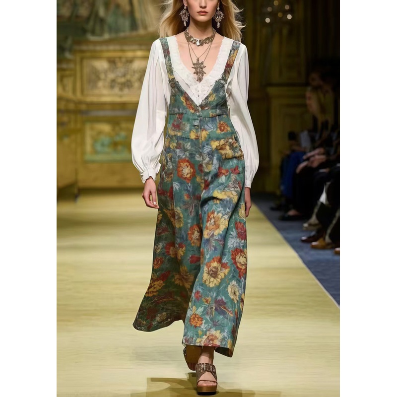 Unique Tea Green Oversized Floral Print Cotton Jumpsuit Spring