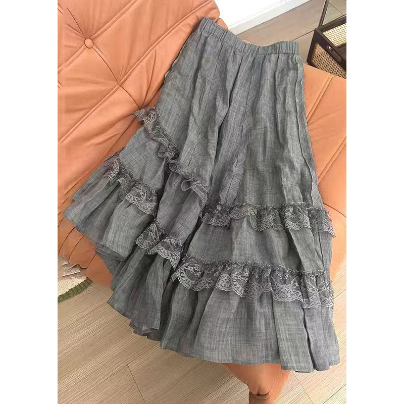 Vintage Grey Lace Elastic Waist Cotton Skirts Summer