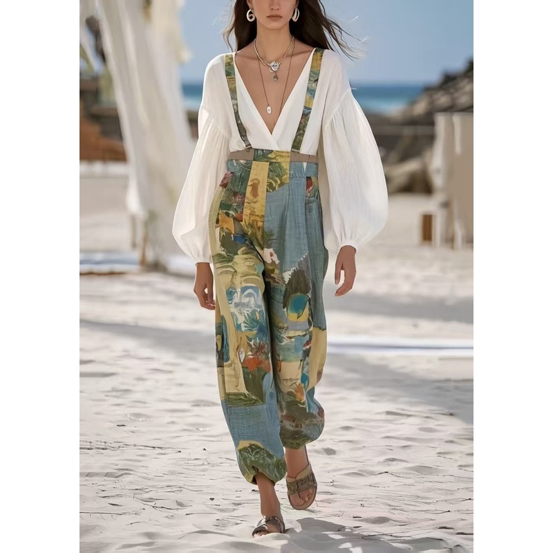 Vintage Sky Blue Print Oversized Cotton Jumpsuit Summer