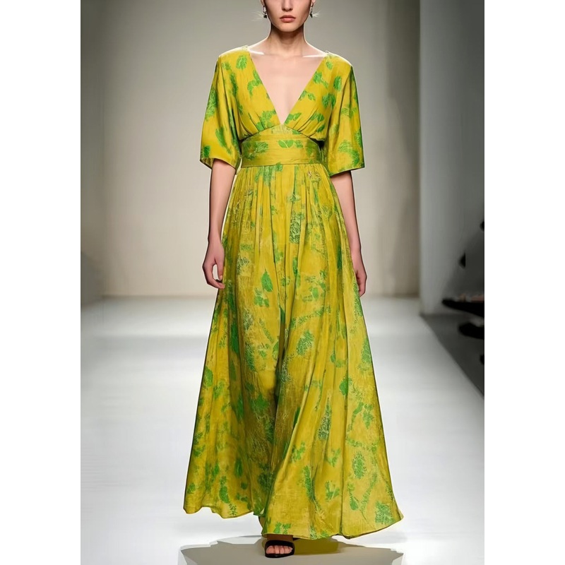 Women Grass Green V Neck Print Cotton Vacation Dresses Summer