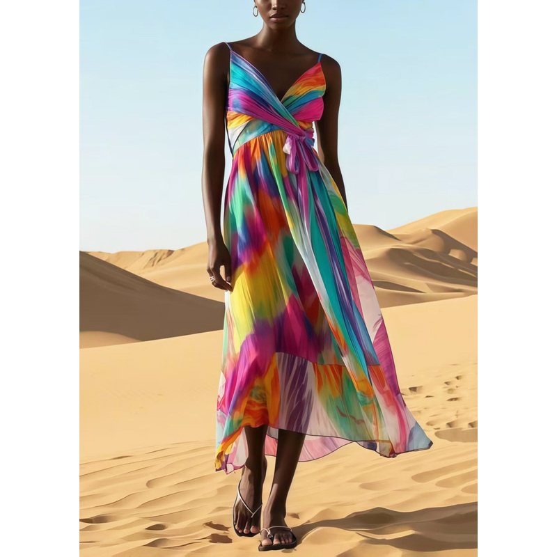Women Rainbow Tie Dye Chiffon Spaghetti Strap Dress Summer