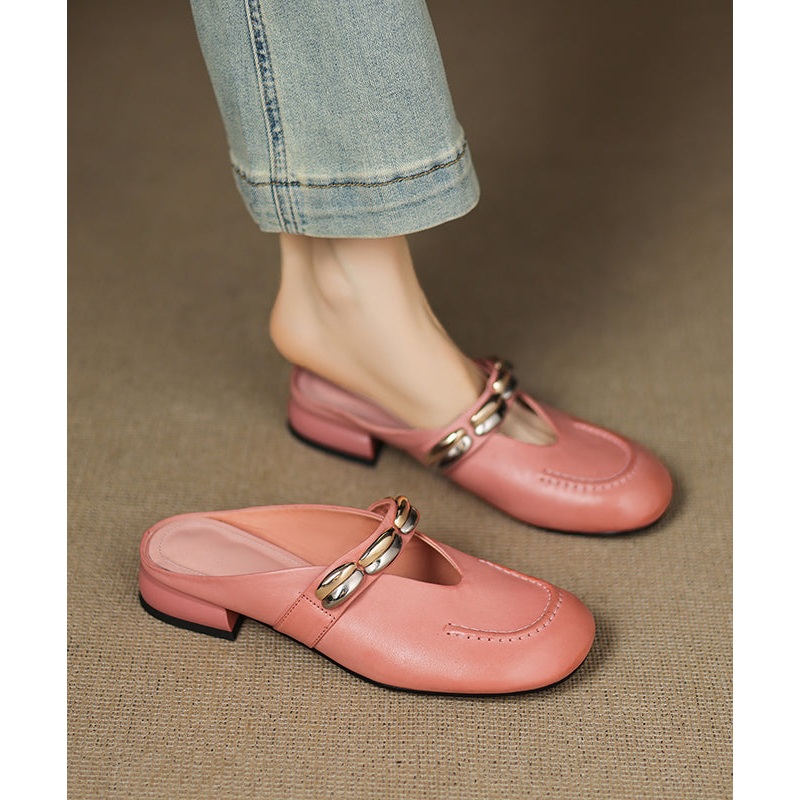 2025 New Pink Splicing Cowhide Leather Slide Sandals