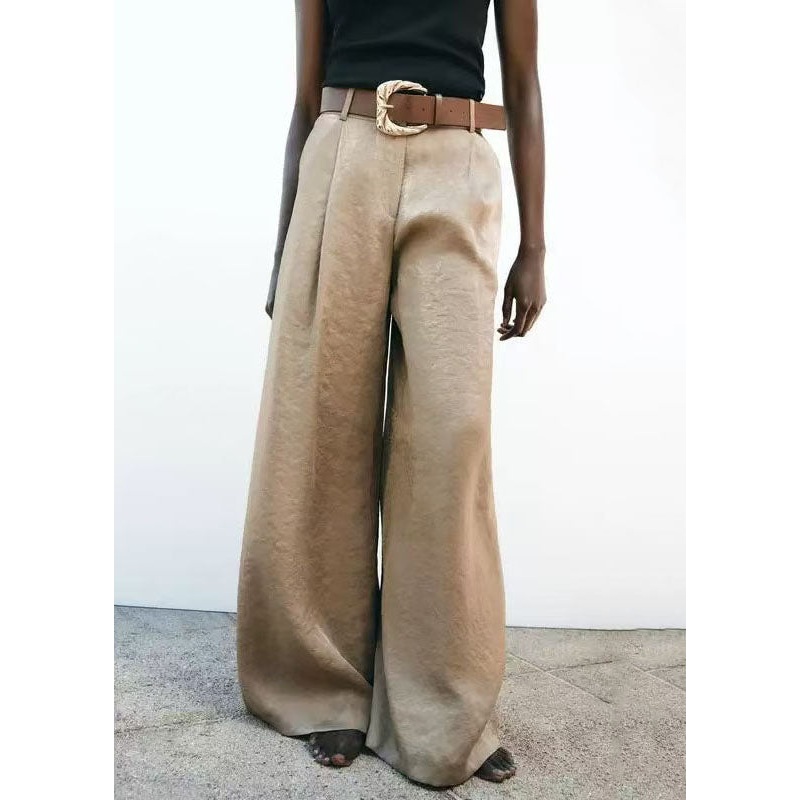 American Style Light Brown High Waist Silk Wide Leg Pants Summer