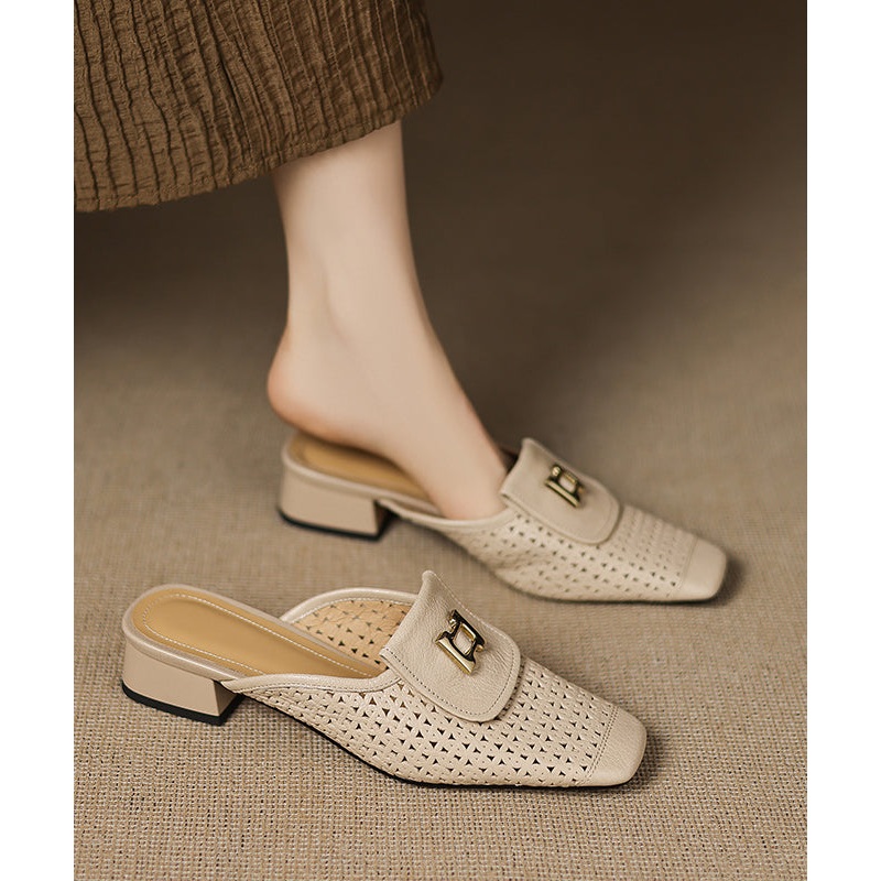 Apricot Cowhide Leather Splicing Hollow Out Slide Sandals