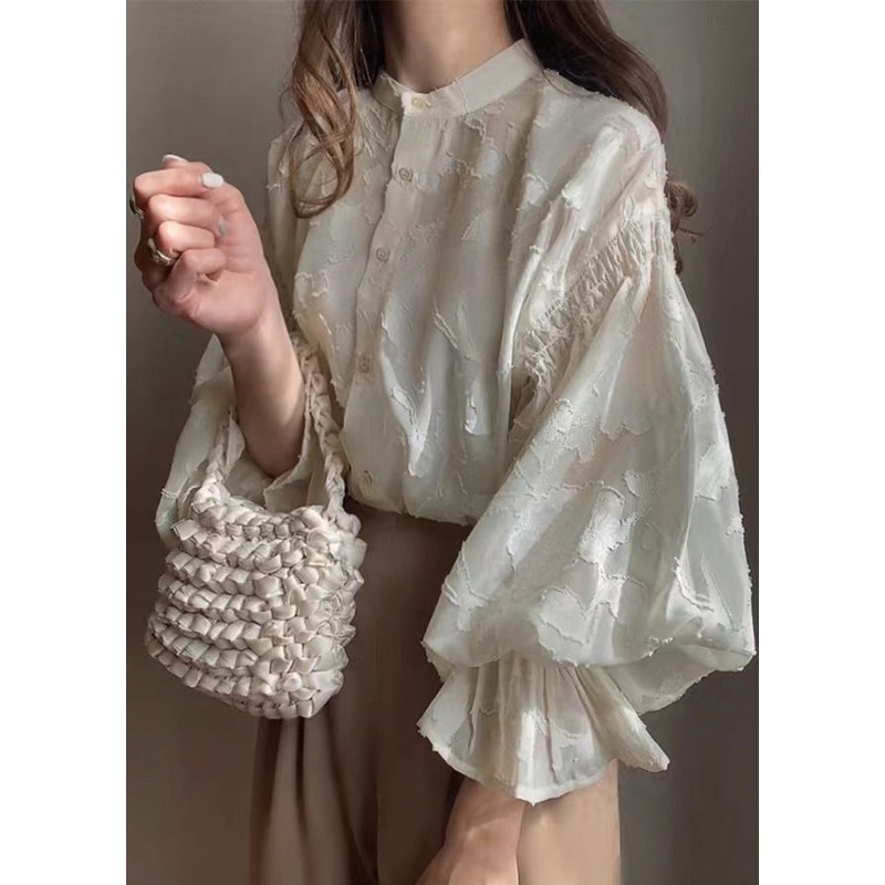 Apricot Jacquard Chiffon Sheer Shirt Lantern Sleeve