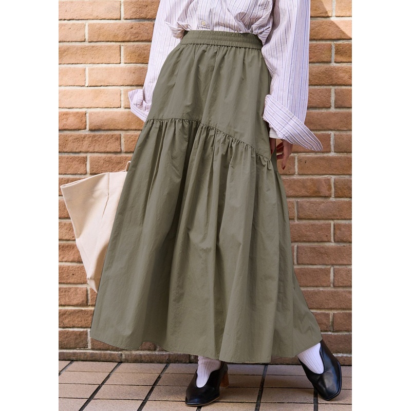 Army Green Patchwork Cotton Skirts Exra Large Hem Fall