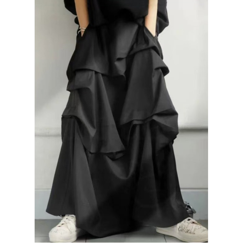 Art Black Asymmetrical Wrinkled Cotton Skirt Fall