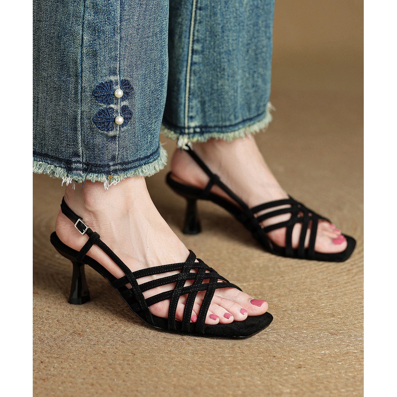 Art Splicing High Heel Sandals Black Suede Peep Toe