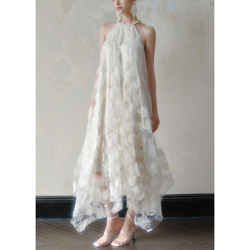 Art White Asymmetrical Pearl Lace Long Dress Sleeveless