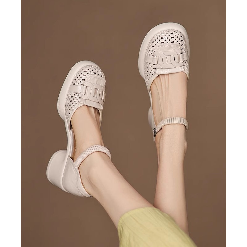 Beige Sheepskin Buckle Strap Splicing Chunky Heel Sandals