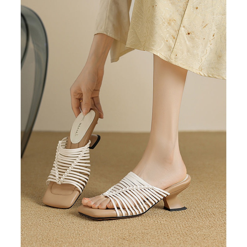 Beige Wedge Faux Leather Chic Splicing Slide Sandals