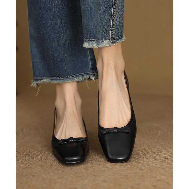 Black Bow Splicing Comfortable Cowhide Leather Flats