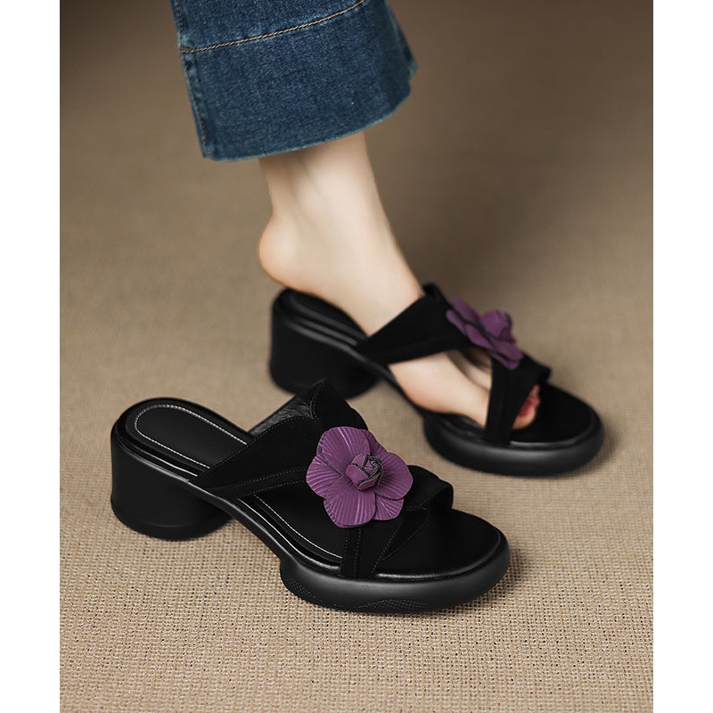 Black Suede Floral Splicing Slide Sandals Peep Toe