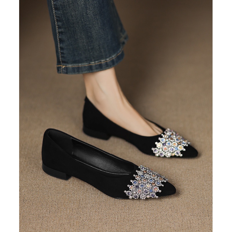Black Suede Unique Splicing Flats Pointed Toe Zircon