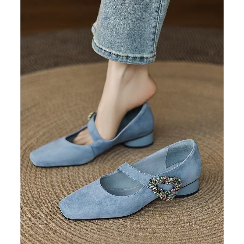 Blue Zircon Buckle Strap Splicing Suede Chunky Shoes
