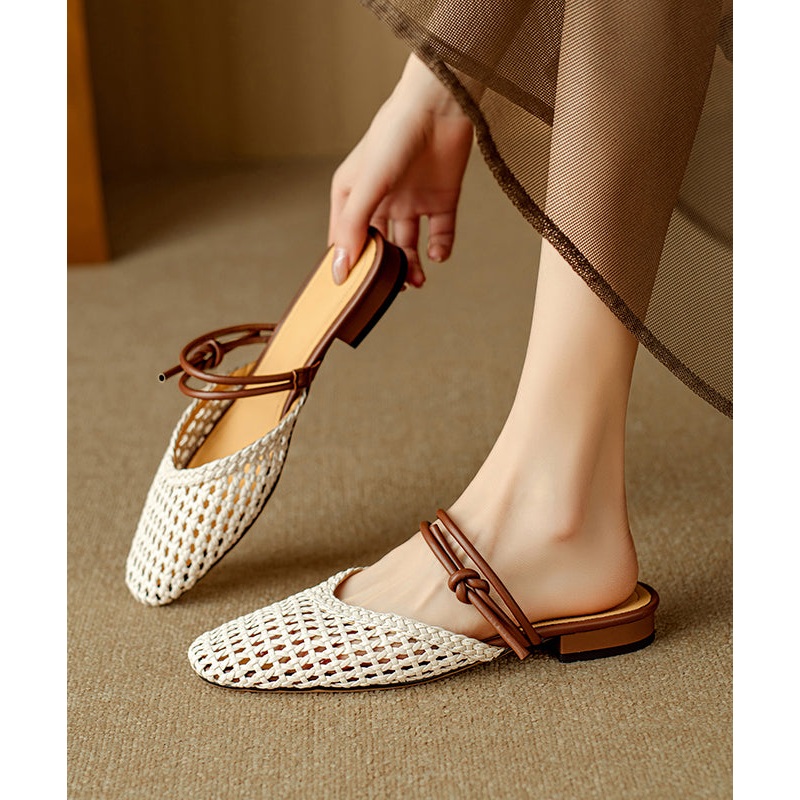 Bohemian Beige Woven Hollow Out Breathable Slide Sandals