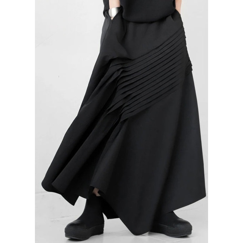 Bohemian Black Asymmetrical Wrinkled Cotton Skirt Fall