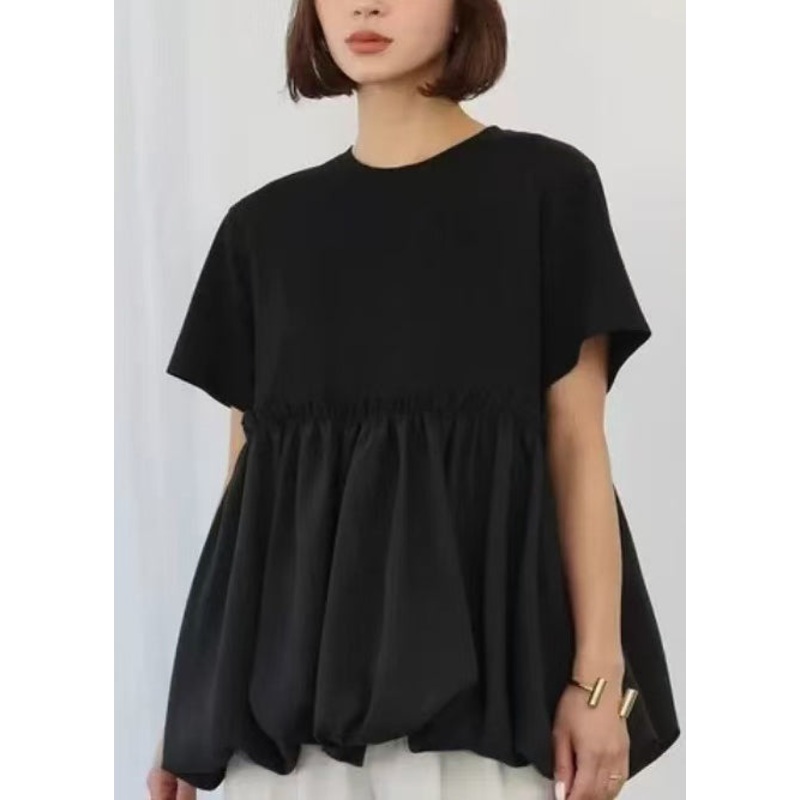 Boho Black Ruffled Patchwork Cotton Tops Summer
