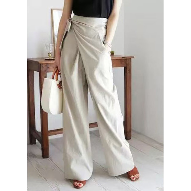 Boho White Asymmetrical Side Tie Waist Linen Straight Pants Fall