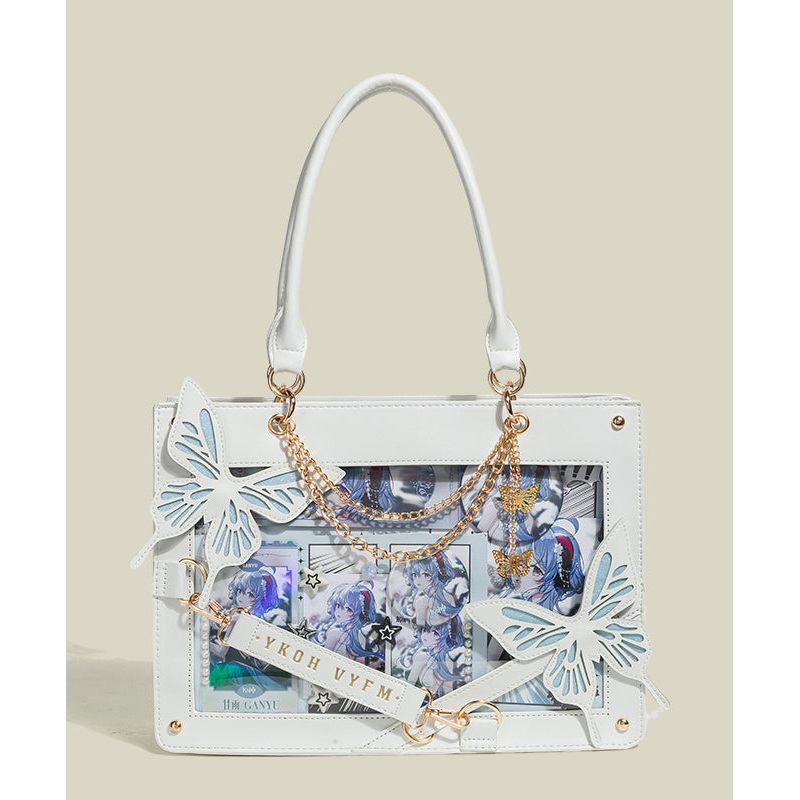Boho White Butterfly Chain Linked Faux Leather Tote Handbag