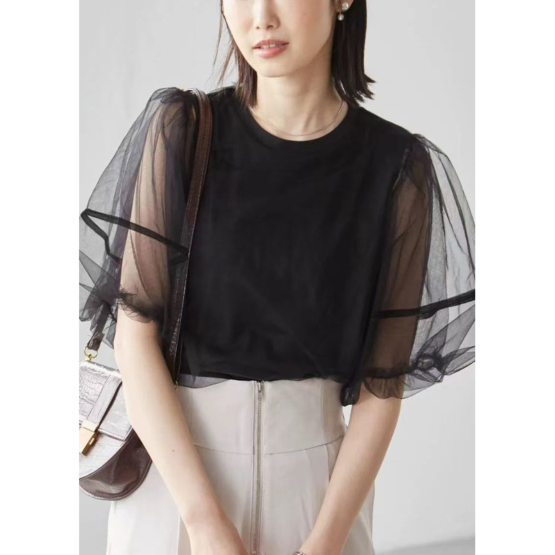 Boho White Puff Sleeve Patchwork Tulle Tanks Summer