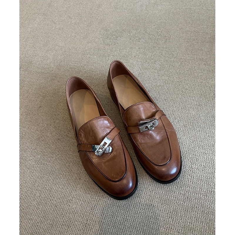 Brown Cowhide Leather Splicing Loafers For Women