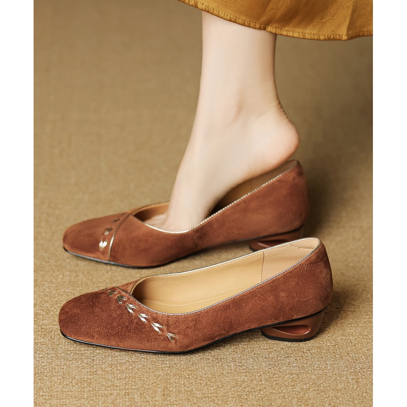 Brown Splicing Elegant Suede Chunky Shoes Square Toe