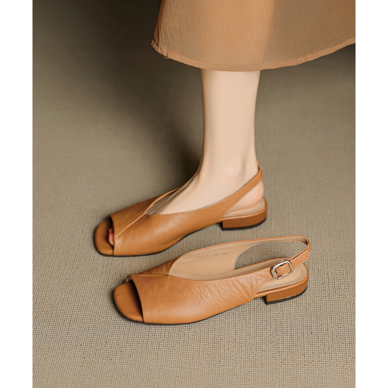 Caramel Cowhide Leather Boutique Splicing Sandals Peep Toe