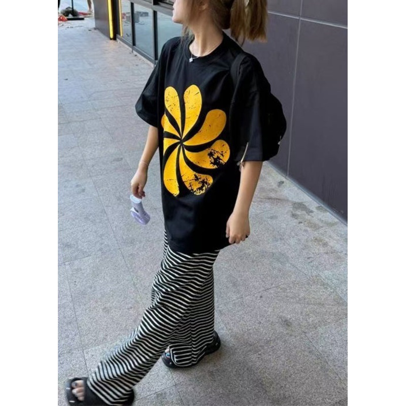 Casual Black Oversized Print Cotton Tanks Summer