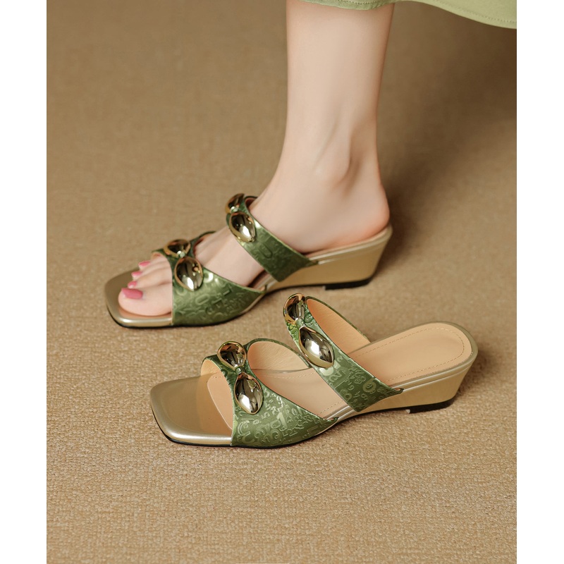 Chic Green Splicing Wedge Slide Sandals Peep Toe