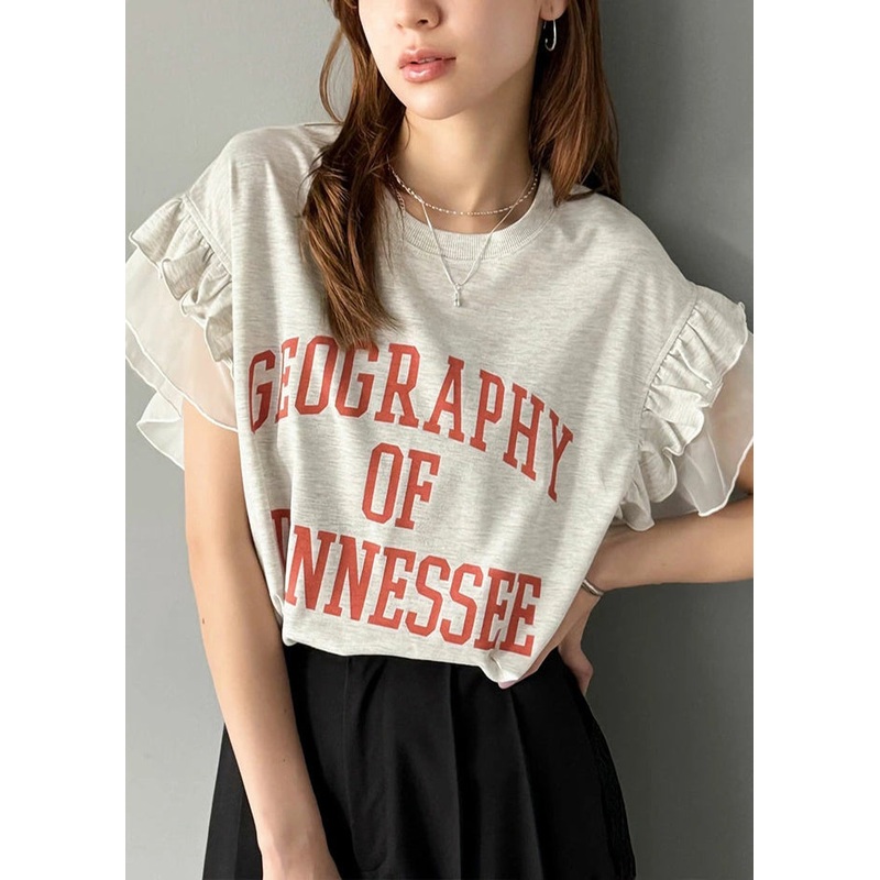 Chic Grey Ruffled Patchwork Print Cotton Tops Summer