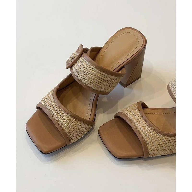 Chic Splicing Chunky Heel Brown Faux Leather Slide Sandals