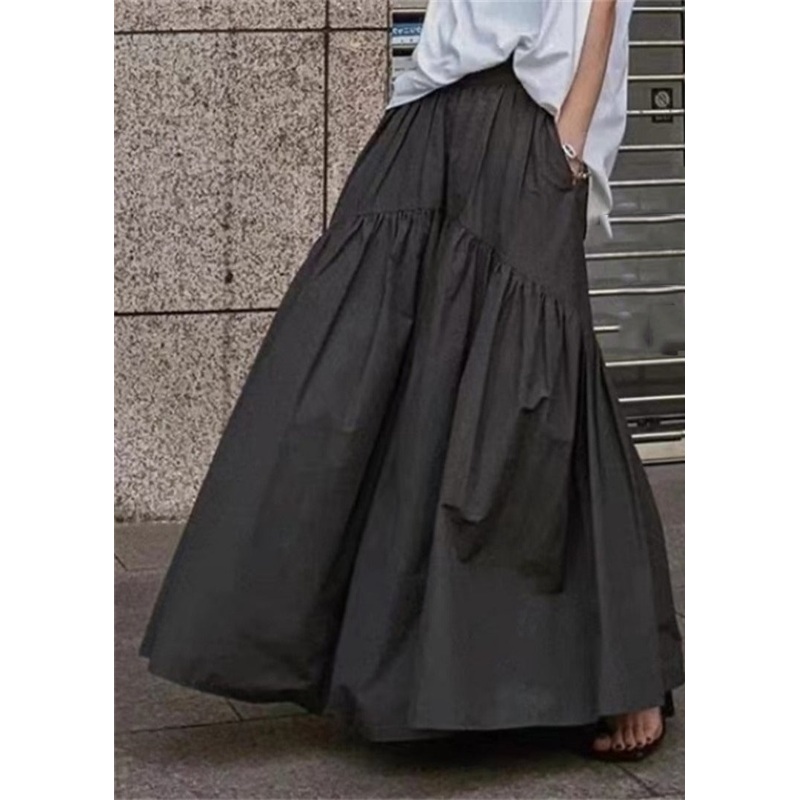 Classy Black Elastic Waist Patchwork Cotton Skirt Fall