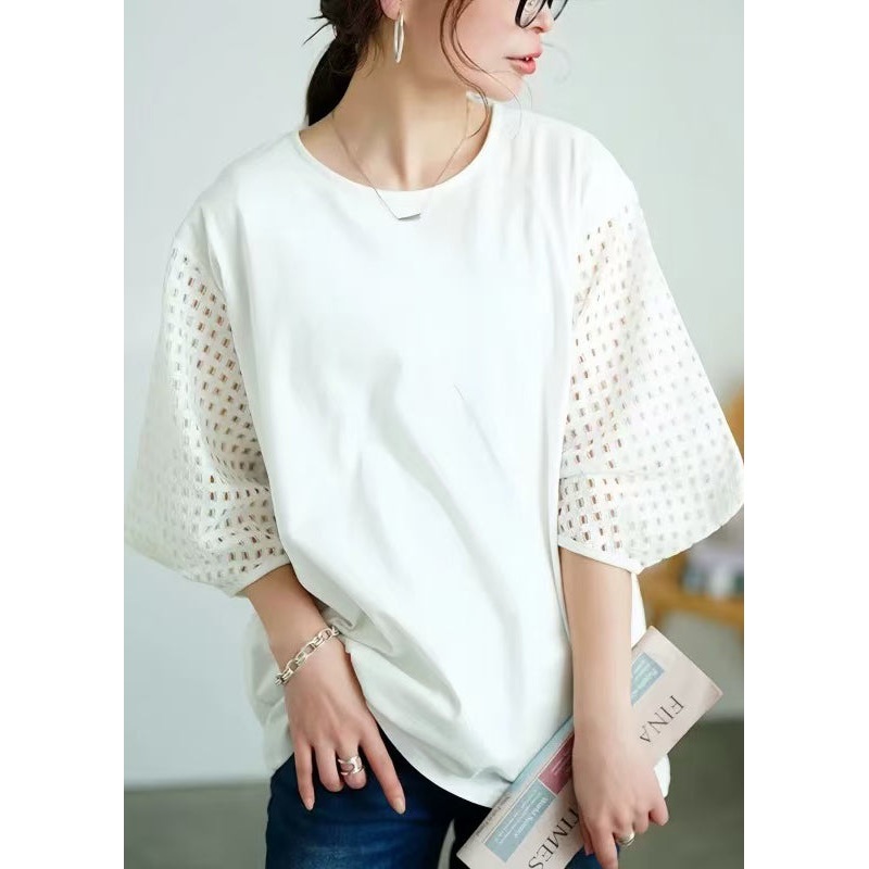 Classy White Oversized Patchwork Hollow Out Cotton Tank Tops Summer