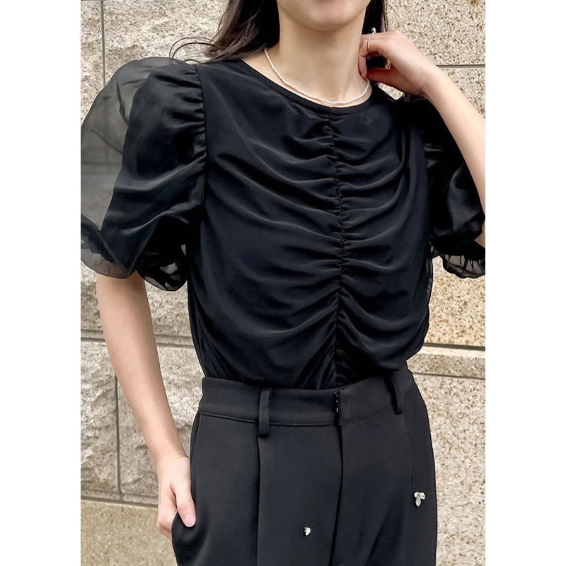 Elegant Black Puff Sleeve Wrinkled Cotton Tanks