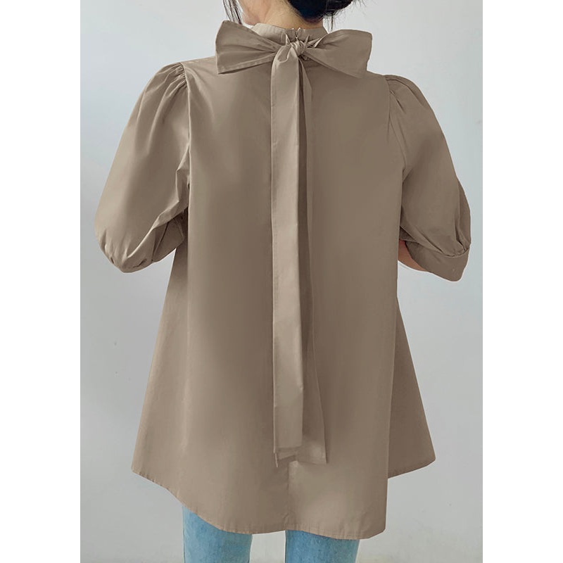 Fine Coffee Stand Collar Bow Chiffon Shirts Half Sleeve