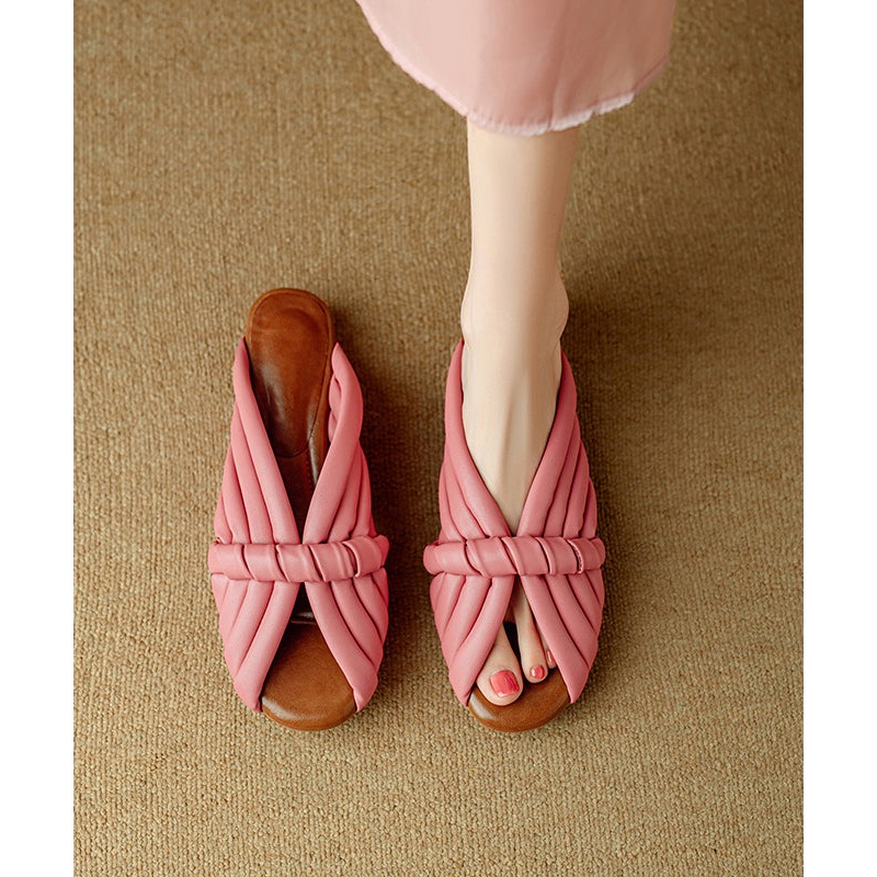 Pink Cowhide Leather Splicing Slide Sandals Peep Toe