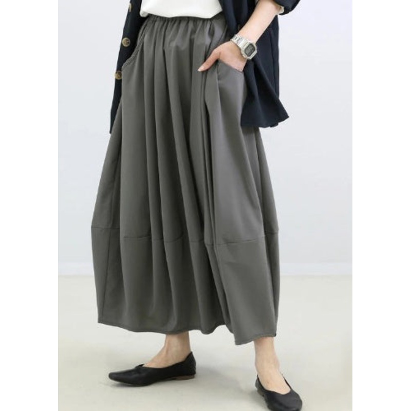 Simple Grey Elastic Waist Patchwork Cotton Skirt Fall