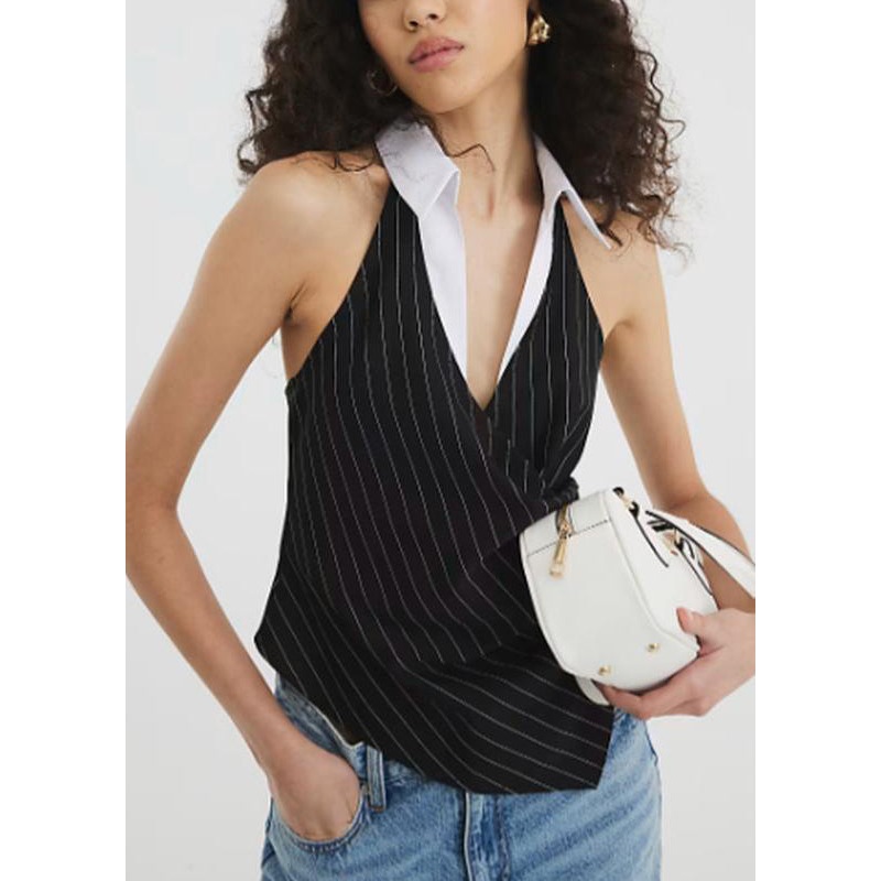 Slim Fit Black Backless Striped Cotton Tank Sleeveless
