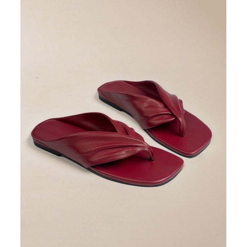 Stylish Comfy Splicing Flip Flops Red Cowhide Leather