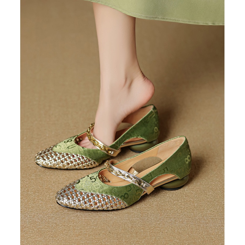 Vintage Green Cowhide Leather Splicing Hollow Out Chunky Shoes